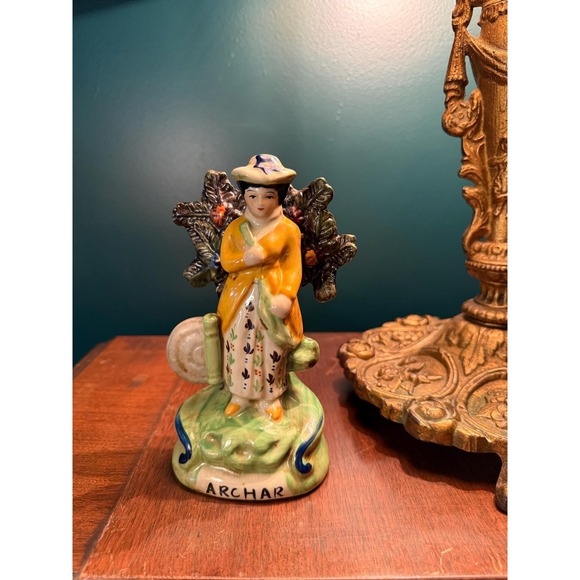 Circa 1840s Staffordshire Archar Woman Figurine – Hand Painted English Pottery